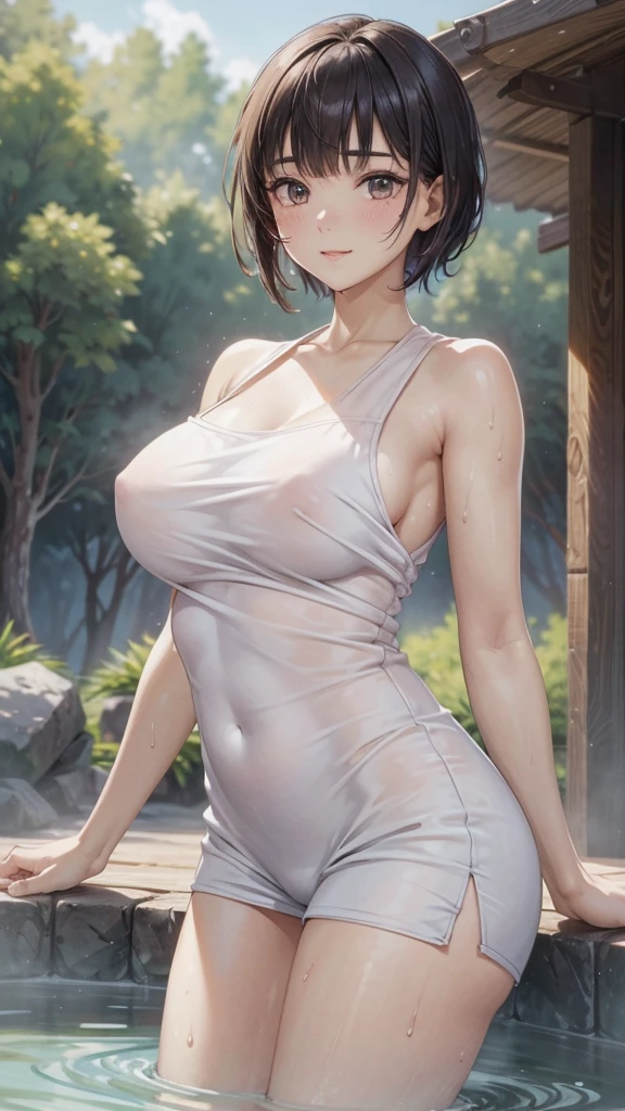 Cute girl . so cute , Round Face . Solitary , Slim ,  Short stature . Glowing skin . Pure white tube top T-shirt . shorts , White background , Looking at the audience&#39;s slender and sexy legs， Put your hands behind your head((Clear nipples))、Rocket , (Large Breasts),（because I&#39;Thin） , 身材Short stature . Smooth skin . Plain white T-shirt . 
Huge breasts:1.4，Full breasts, (20 years old:1.2), Cute little trumpet, entity, Sweating of the skin, Radiant Skin, Slim, Black short hair, (Dull bangs: 1.2), Smile, Cute face, Exquisite eyes,, ((naked，Wrapped in a towel)), ((hot spring)), (Not wearing), (wet), (Bend and take off), ((wet hair)),Legs open), ((Sexy and dynamic pose)), view, Looking at the camera, Denim lenses, best quality,Super detailed, high resolution, Extremely detailed CG, Unity 8K wallpaper, Official Art, Creative arts, Novel illustrations, By famous artists, Caustic lines, Textile Shading, Super delicate skin, Perfect anatomical structure, detailed, light, Dynamic Lighting, 美丽而Exquisite eyes, (Top quality), (Super detailed), (Masseter membrane), (high resolution), (The original), Character Conception, Game CG, detailed Manga Illustration, Realistic head to body proportions:1.2
