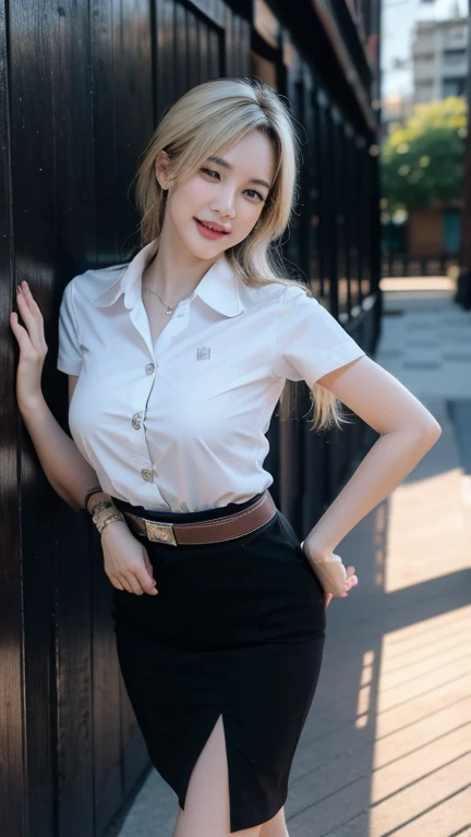 Pretty thai woman Hand on hip , (8k, best quality, masterpiece, ultra highres:1.2) Photo of Pretty thai woman beautiful, beautiful enchanting fashion contemporary painting with , (1girl), (white shirt short sleeves), ((black pencil skirt)), belt , blonde hair, , realistic skin texture , round chin, 85 mm art lens, f 1. 2, sharp focus, 8 k high definition, insanely detailed, intricate, elegant, large breasts, big breasts , black skirt