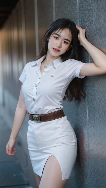 Pretty thai woman Hand on hip , (8k, best quality, masterpiece, ultra highres:1.2) Photo of Pretty thai woman beautiful, beautiful enchanting fashion contemporary painting with , (1girl), (white shirt short sleeves), ((black pencil skirt)), belt , blonde hair, , realistic skin texture , round chin, 85 mm art lens, f 1. 2, sharp focus, 8 k high definition, insanely detailed, intricate, elegant, large breasts, big breasts , black skirt 