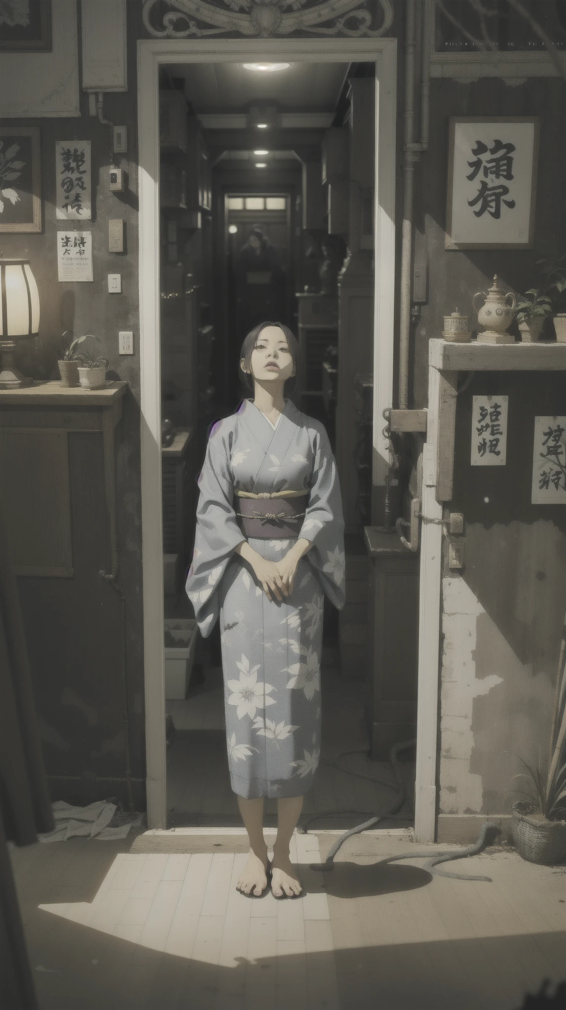 monochromatic、Girl、ASİAN、kimono、seiza、Japanese-style room、Dark Room、暗darkness、Darkness、darkness、Girl。