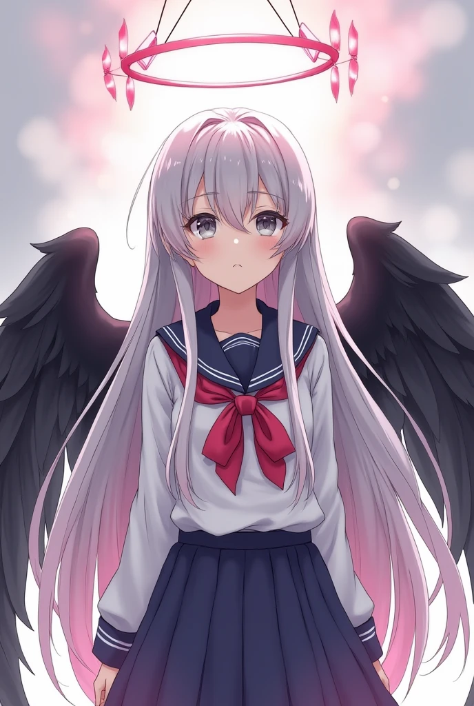 a beautiful girl with silver long hair, gray eyes. pink hair with white gradations, wearing a Japanese school seifuku uniform, wearing black wings. and a ring of angels overhead. V tuber model