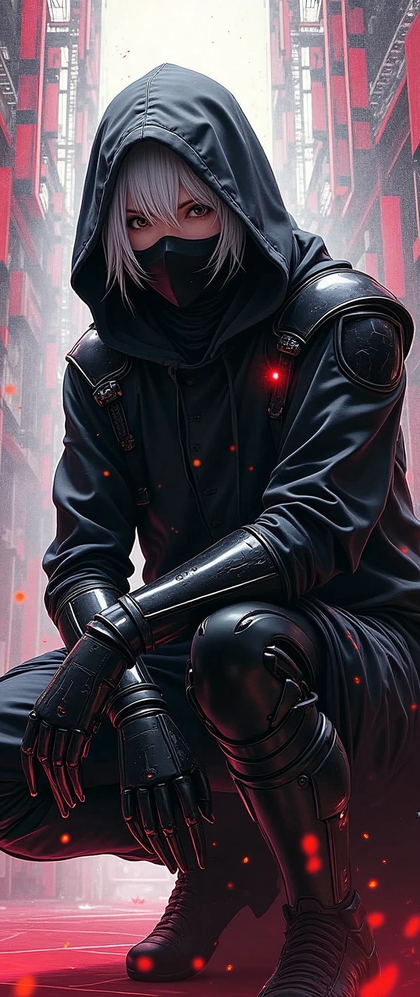 (masterpiece:1.2, Highest quality,High resolution,Super detailed),8k,wallpaper,(Very detailed),(Armored Core Style),1 female,Silver Hair,(Assassination Squad Ninja),(Black Ninja Robot Armor),(black-hooded-cloak,mask),(The background is a beautiful kaleidoscope of geometric patterns from the world of illusion.:2.0),(Detailed face:1.3),(Detailed body:1.3),((Cowboy Shot)),cyber punk,(dynamic),(Detailed hands:1.6),(Detailed hands),(Preparing for battle,squat:1.3,forward leaning posture:1.6),(Flashy Effects:2.0)