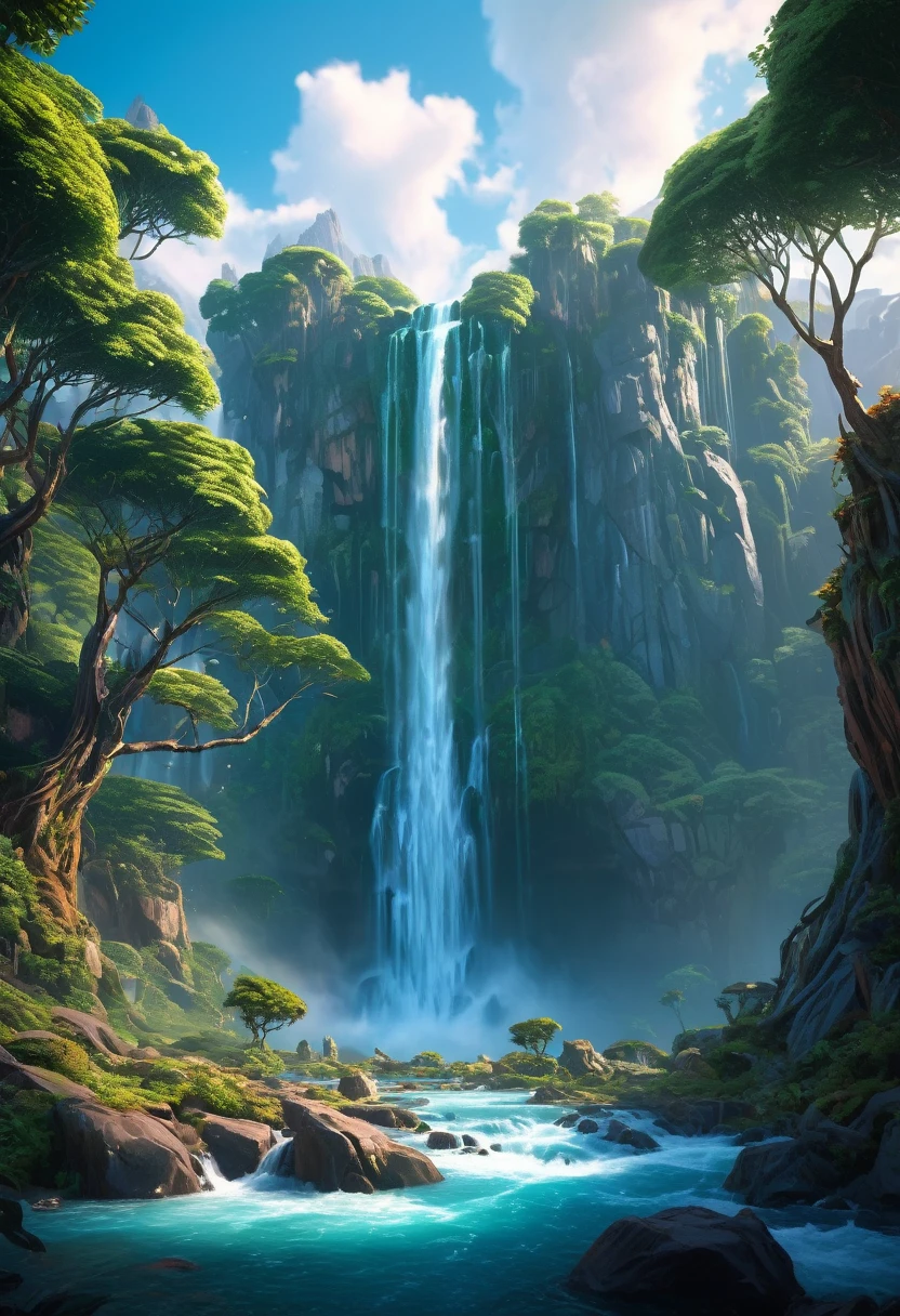 mountains with a waterfall and several trees in the foreground, impressive fantasy landscape, an epic landscape, fantasy matte painting,Cute, fantasy art landscape, most epic landscape, 4k HD matte digital painting, epic fantasy landscape, Highly detailed 4K digital art, Epic fairytale fantasy landscape, epic landscape, 4k matte painting, Ross Tran. picturesque background
