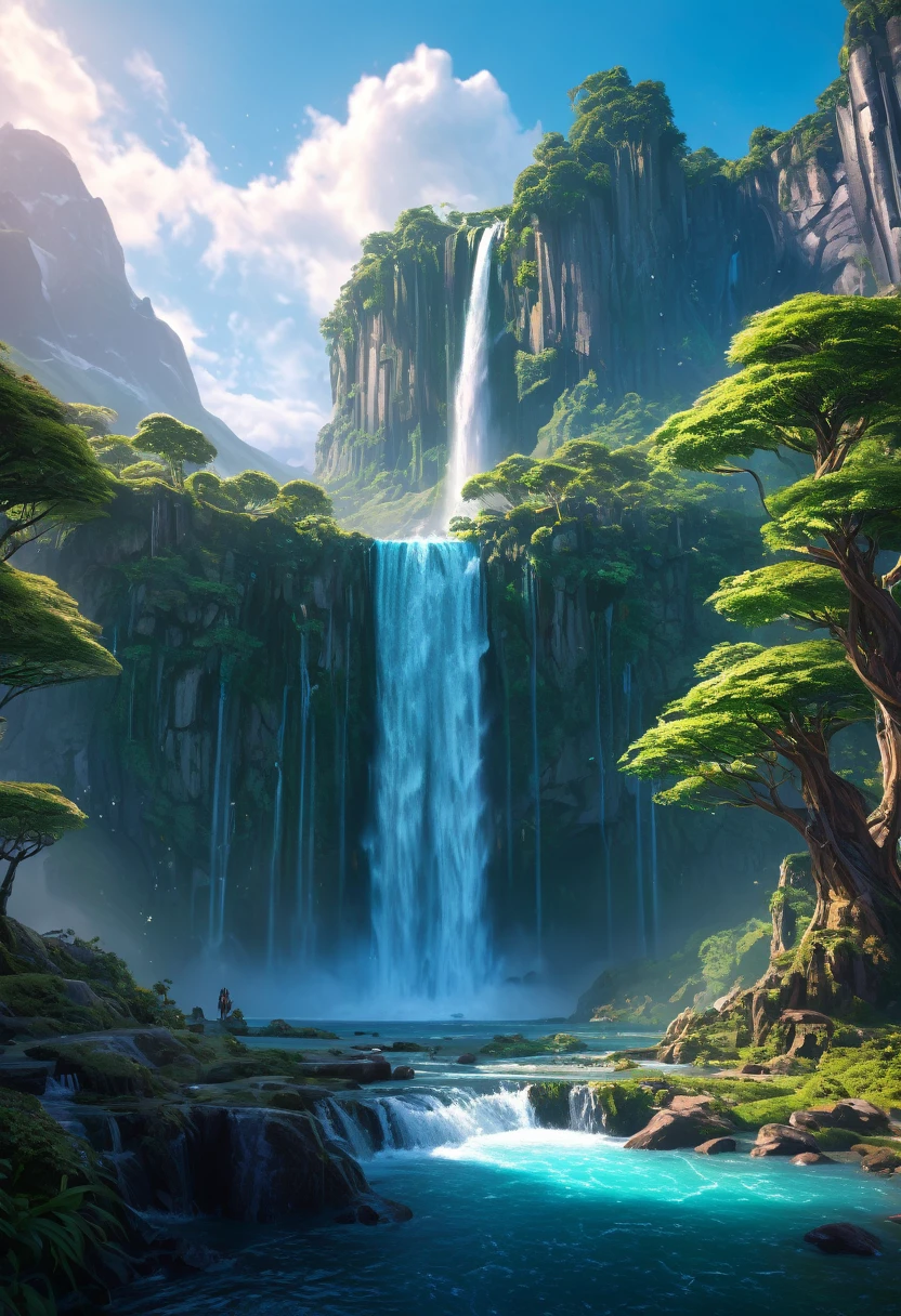 mountains with a waterfall and several trees in the foreground, impressive fantasy landscape, an epic landscape, fantasy matte painting,Cute, fantasy art landscape, most epic landscape, 4k HD matte digital painting, epic fantasy landscape, Highly detailed 4K digital art, Epic fairytale fantasy landscape, epic landscape, 4k matte painting, Ross Tran. picturesque background