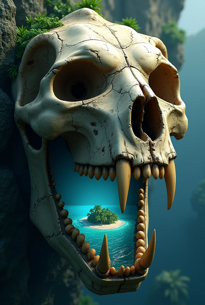 Lion skull with an island in its mouth