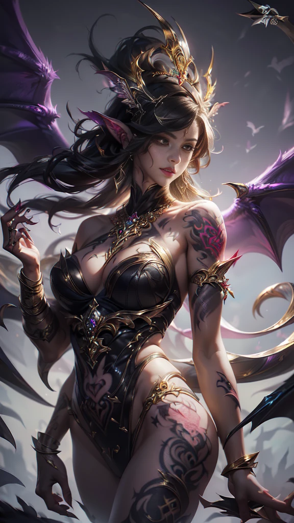 (RAW shooting:1.5, realistic:1.5, dark fantasy:1.5, 8ก), (Highest quality, Masterpiece, Ultra high resolution), The Desolated Demon World, ((Perfect dynamic composition:1.7, Detailed tattoos all over the body:1.6, Wear exquisite jewelry:1.6)), Highly detailed skin and facial features:1.3, Details of the limbs, (A sexy succubus with big wings.:1.3, beautiful and beautiful:1.3), prisoner of war, slave, Trumpet, white skin, open your legs, chaos, darkness, (Wear shoulder-length clothing correctly.:1.3), big breastsที่กำลังจะระเบิด, Don't show your nipples, ช่องว่างbig breasts, (The expression on your face when you feel a strong touch., Facial expressions when feeling pleasure, A look sunk in joy), beautiful blue eyes, Eyes that give a feeling of elegance and beauty, sexy face, Blush, (Too erotic and cute:0.9, Fascinating:0.9), ((torture:1.5, lots of chains:1.6, Countless chains were tangled in the clothes.:1.6, right arm chain:1.5, left arm chain:1.5, Tie the right leg with a chain and chain.:1.5, Bind the left leg with a chain and chains.:1.5)), (((An incomprehensible amount of fluid flows throughout the body.:1.5))), Extra long blonde curly hair, Looking from the knees up, emphasis on wings, wings on shoulder, Angel wings and devil wings, white wings and black wings, (Realistic picture, highest resolution, 16ก), (A demon god with wide wings and enormous power on his shoulders..., Twelve wings on the shoulders., black bat wings:1.3 white angel wings:1.5), 6 angel wings, 6 devil wings, (Beautiful girl with two meter long hair, Shiny black hair, white skinเรียบเนียน, Lips are very red.), ((stand, already)), (big breasts, big tits), (gigantic breast, breast augmentation, Breast 400 cc., small waist, hips raised, small thighs, Long legs), (dynamic poses), (Armor that slightly conceals the body), Separate theme, (Angel wings and devil wings), floating in the air above the ground, darknessของพื้นหลัง, Embraced with twelve wings, The horns that grow from the head are like a crown., He who has light, wears little armor, There is power coming out of the body., sparkling wings, white light black light, amazing wings, beautiful gesture, 8K resolution, Resolution 4000 x 2250 pixels, beautiful gesture, Angel wings and devil wings, (Realistic picture, highest resolution, 16K), (A demon god with wide wings and enormous power on his shoulders.., Twelve wings on the shoulders.,