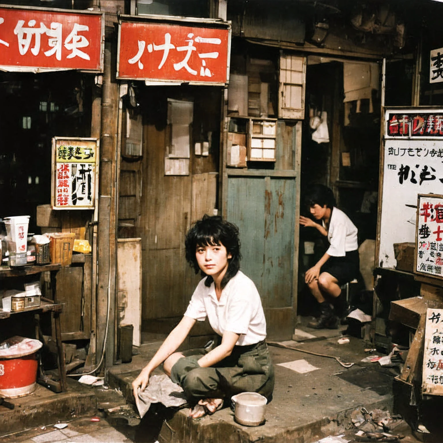 ((masterpiece、Highest quality))、Poor conditions、Japan 1980s, Dirty Standing Tavern、Old and dirty store, Unsanitary and dirty downtown Tokyo, Japan Streets, Cute girl working at the store、Japanese sign、Poor workers, Unhygienic restaurant 