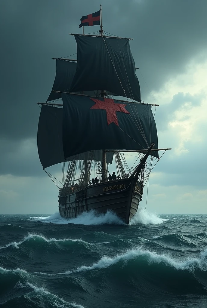 Slave ship on the high seas, sailing through rough waves. Black flags with a thick red cross in the middle."