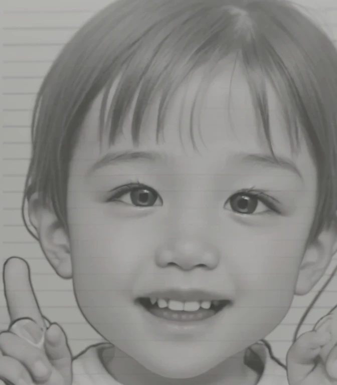 boy、A 3-year-old boy with a stuffed puppy、Generate fun and smiles。Cute 3 year old boy、Peace with a smile、More, more, more、Please generate the left and right fingers neatly.。Please create peace signs on both sides of the fingers.。