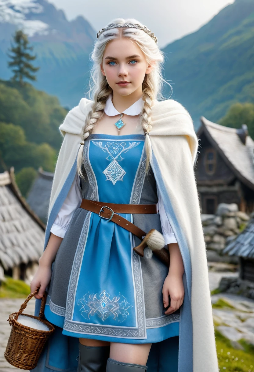 A beautiful photo of very young tween wearing a short Norse style charcoal grey woolen gown with elegant pale azure blue princess style apron, runes of family, love, healing and protection are embroidered along it, with knee high stockings, white doeskin boots, and a beautiful cloak with silver white collar, has golden white hair. The hairstyle is elegant loose waves with a Dutch braided with a silver diamond circlet with a triforce gem, holding a magical axe, white leather magic bag, warrior princess, thick mountain morning mist, beautiful curvy girl, 12k, ancient Norse, octane render, perfect eyes, wide hips, large saggy chest, Norse mountain village, cleavage 