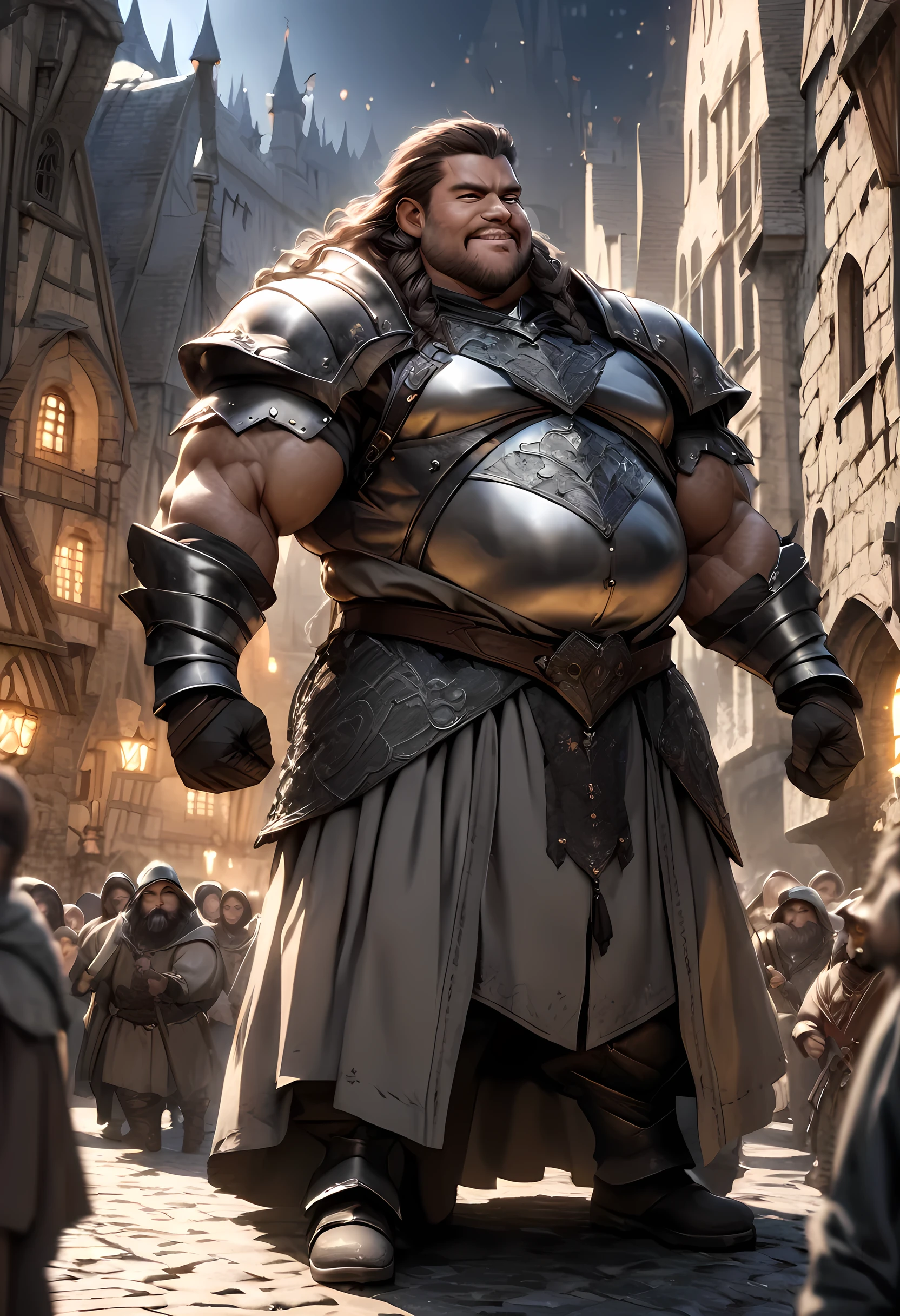(((intricate design))) (((professional))) (((clear focus))) (((32k UHD Resolution))) (((photorealistic))) (((hyper-detail))) (((masterpiece))), ultra-realistic, expressive eyes, perfect face, mesmerising eyes, perfectly detailed anatomy, low contrast, a digital render (((Volumetric lighting))) (((natural lighting))) (((nighttime))) (((1Male))) (((Bodybuilder))), (((muscular))), (((hyper pecs)) elegant dwarf, dark brown eyes, light skin, curly glossy braided long hair, fat complexion, cheerful expression, transparent armour, (((in a medieval city, full of people))) wielding a war axe,