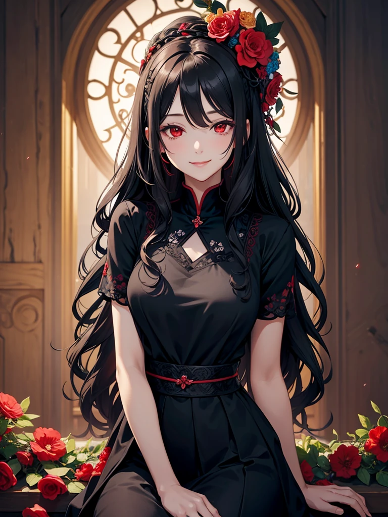 woman, red eyes, black long wavy hair, wearing flowers on her head. she smile. she is mature women