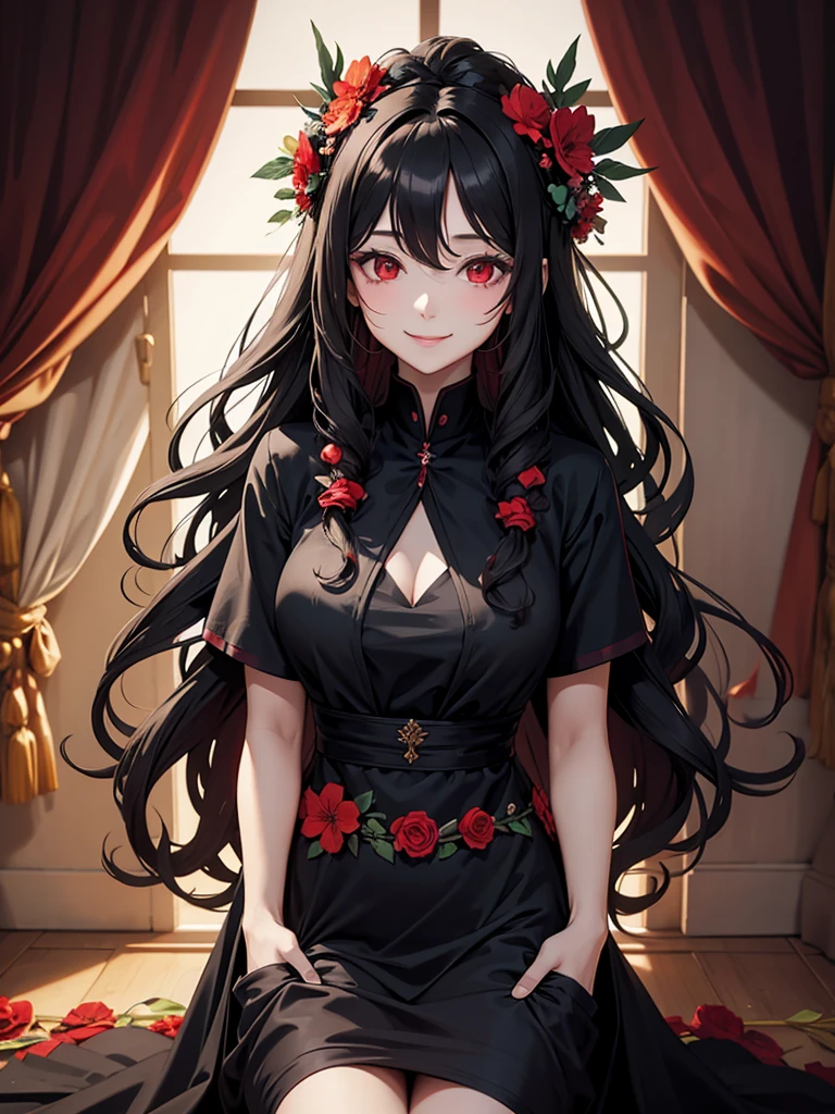woman, red eyes, black long wavy hair, wearing flowers on her head. she smile. she is mature women