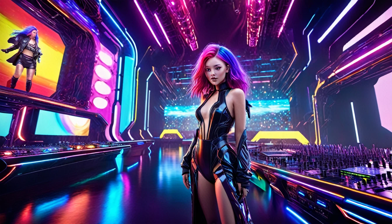 (Highest quality,8k,Very detailed:1.2),(CG,CG Art,3D Rendering),(masterpiece:1.2),,(Sexy Outfits),(Cinema Lighting,Futuristic),(DJing),(Festival Venue),(Colorful Hair:1.5)