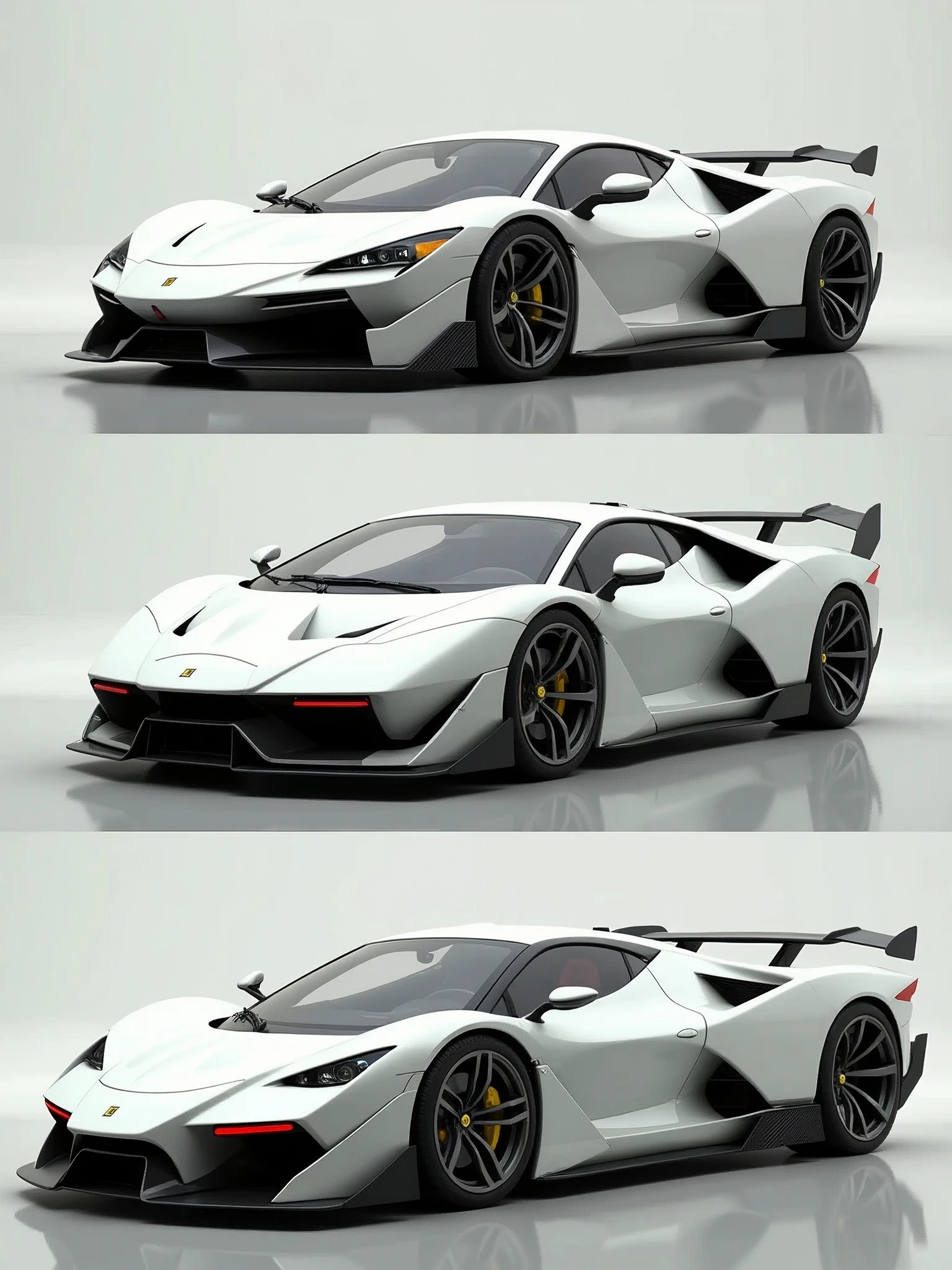 Draw a fusion of White Ferrari F-40 and White Lamborghini Countach in 3 frames:
- Front view
- Side view
- Rear view realistic