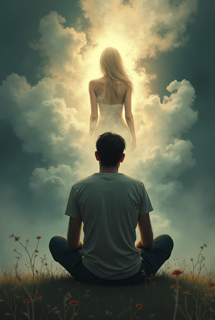 Create a man sitting and thinking about his wife and his image of her in a mental cloud he thinks of her. He also intimately desires her to make love and this image of him thinking of her making love to you