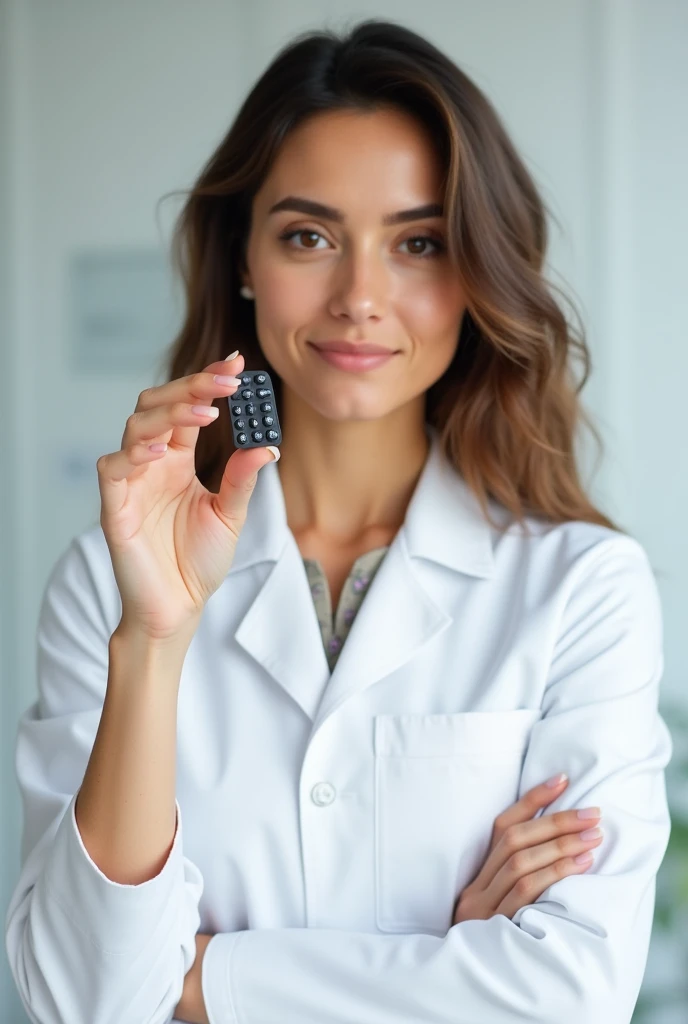 A woman in a white coat with her arms crossed, hair lightly (kac) wavy and brown eyes holding a black capsule package and showing that he is an eye health specialist.