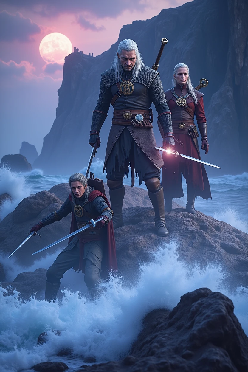 Geralt of Rivia,holding sword,skellige,lambert,vesemir,4k,8k,highres,masterpiece:1.2,ultra-detailed,realistic,photorealistic,photo-realistic:1.37,wolf school,wolf symbol,landscape,fantasy,cinematic lighting,volumetric lighting,dramatic lighting,muted color palette,moody