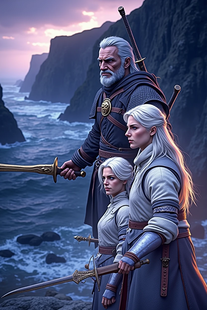 Geralt of Rivia,holding sword,skellige,lambert,vesemir,4k,8k,highres,masterpiece:1.2,ultra-detailed,realistic,photorealistic,photo-realistic:1.37,wolf school,wolf symbol,landscape,fantasy,cinematic lighting,volumetric lighting,dramatic lighting,muted color palette,moody