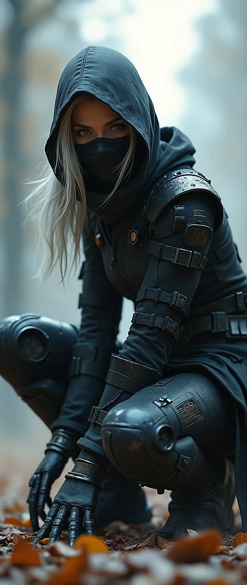 (masterpiece:1.2, Highest quality,High resolution,Super detailed),8k,wallpaper,(Very detailed),(Armored Core Style),1 female,Silver Hair,(Assassination Squad Ninja),(Black Ninja Robot Armor),(black-hooded-cloak,mask),(The background is a fantasy world:2.0),(Detailed face:1.3),(Detailed body:1.3),((Cowboy Shot)),cyber punk,(dynamic),(Detailed hands:1.6),(Detailed hands),(Preparing for battle,squat:1.3,forward leaning posture:1.6),(Flashy Effects:2.0)