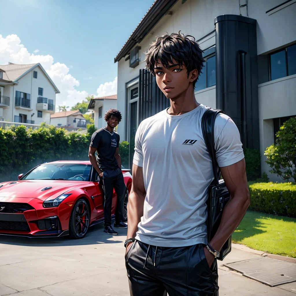 18 year old dark-skinned man in a villa next to a black GTR getting into the car