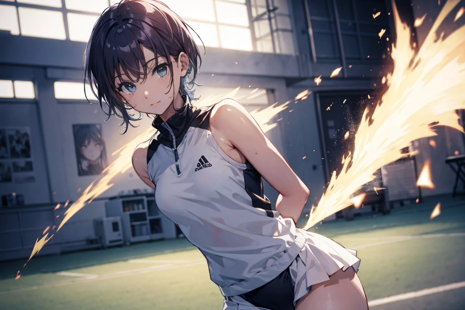 Official Art, unity 8k wallpaper, Very detailed, masterpiece, Highest quality, 1 female, (Very detailed),(RAW Photos、Highest quality)、(Realistic、Realistic:1.3)、Attention to detail、Very detailed complex 3D rendering of a face、(Very detailed肌:1.2)、Dynamic Angle, Fire glow effect, Professional Lighting, Side light, Cinematic Light, Ultra-high resolution, 8k , Film Grain,Best Shadow, Particles of light, Fine skin, Detailed face, Intricate details, Very detailed, Shine, please remember、whole body, Tennis court、Beautiful Face、Blurred Background、18 year old beautiful girl、Shine肌、thin、Nice body、Delicate body、Thin legs、Tight waist、Tennis uniform、Sweat、Daytime、Small breasts