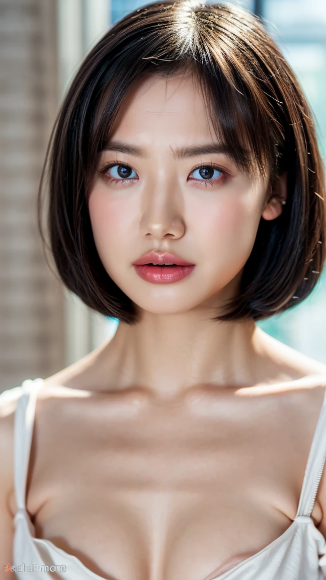 (1 girl, Girls,Large Breasts, Well-fleshed, Short Bob Hair, White bra, panties), Fair-skinned, Glossy Lips, skinny, Body Type, Delicate and sexy collarbone, Highest quality, RAW Photos, Realistic, face, Incredibly ridiculously beautiful girl, cute, Depth of written border, High resolution, 超detailed, detailed, Very detailed, extremely detailed eye and face, Sharp pupils, Sharp focus, Cinema Lighting