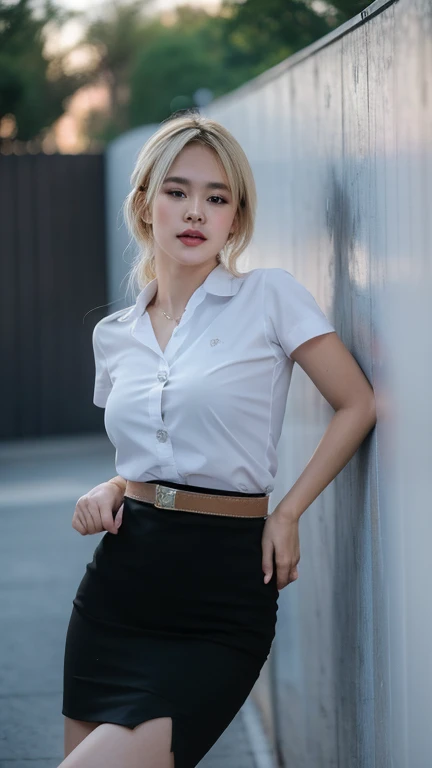 Pretty thai woman Hand on hip , (8k, best quality, masterpiece, ultra highres:1.2) Photo of Pretty thai woman beautiful, beautiful enchanting fashion contemporary painting with , (1girl), (white shirt short sleeves), ((black pencil skirt)), belt , blonde hair, , realistic skin texture , round chin, 85 mm art lens, f 1. 2, sharp focus, 8 k high definition, insanely detailed, intricate, elegant, large breasts, big breasts , black skirt 