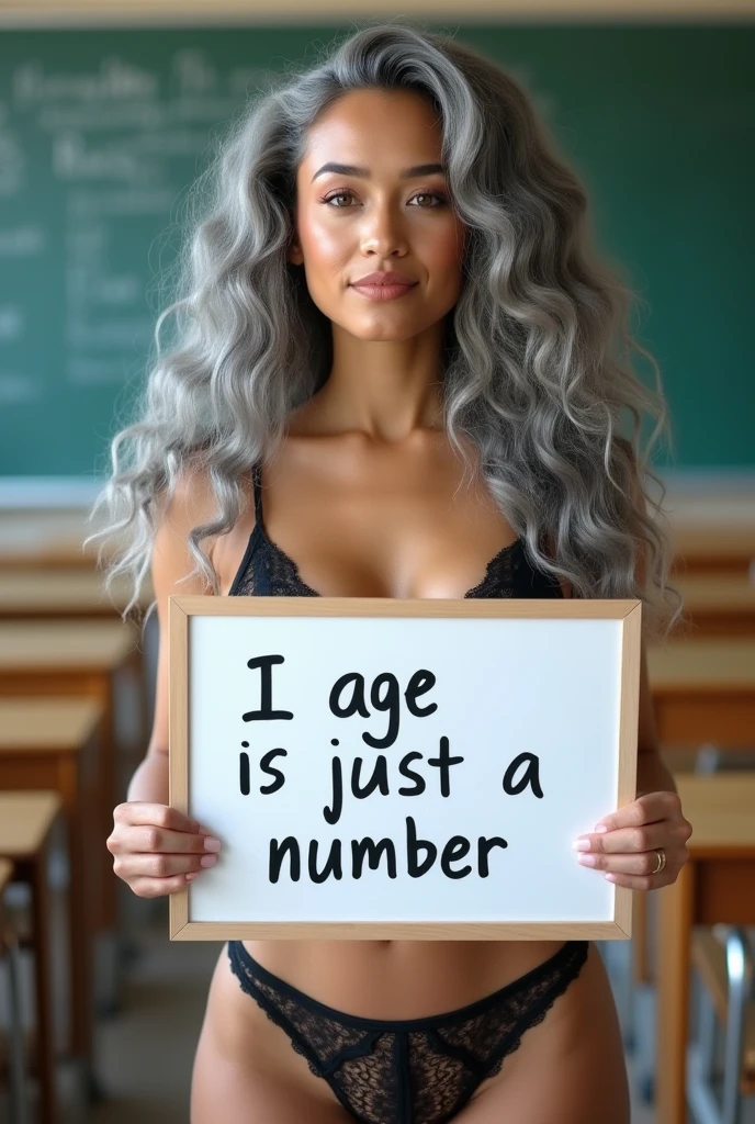 A beautiful youthful looking Hispanic version of a gray haired asian women as a 50 years old woma n with long her completely gray hair in a big curls styles as a supermodel wearing a Lingerie standing in a high school classroom holding a white board with text "I age is just a number" and showing it to the viewer