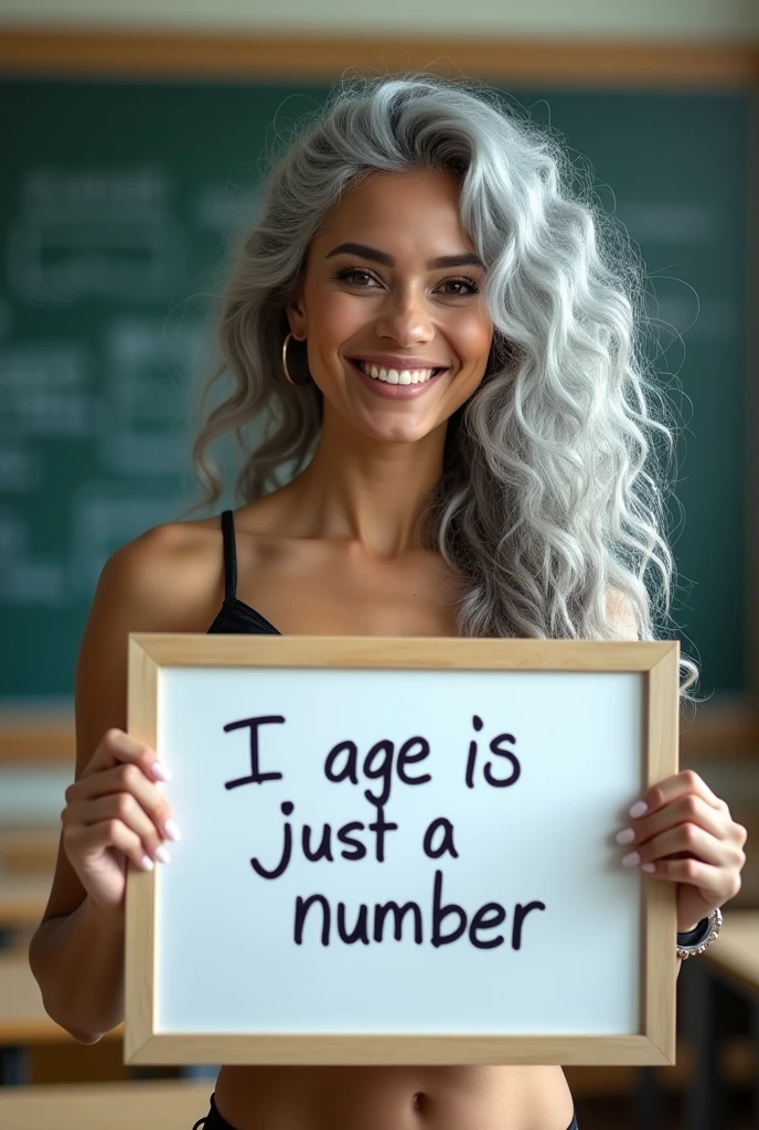 A beautiful youthful looking Hispanic version of a gray haired asian women as a 50 years old woma n with long her completely gray hair in a big curls styles as a supermodel wearing a Lingerie standing in a high school classroom holding a white board with text "I age is just a number" and showing it to the viewer