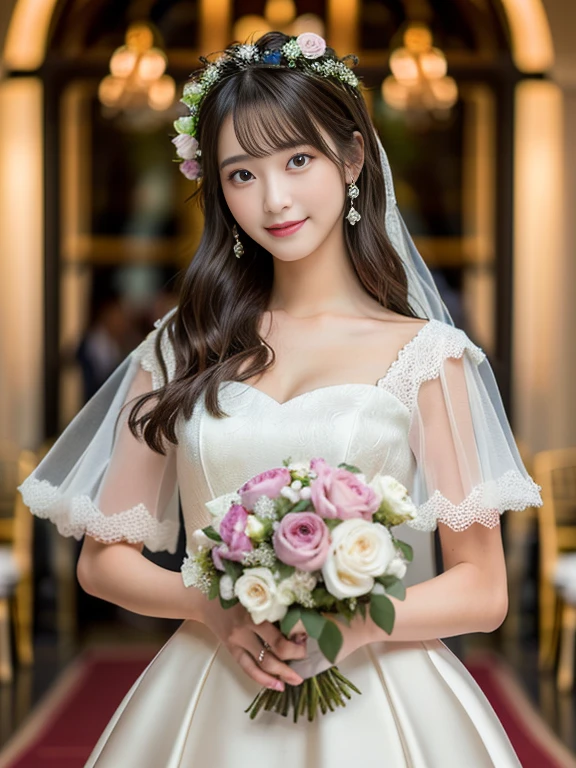 Photo-realistic quality、a woman in a Wedding dress holding a bouquet of flowers、20 year old Japanese model、白のWedding dress,Hanae Mori style wedding dress、lace prom dresses、looking at the camera、Detailed and beautiful eyes、Cute smile、Relaxed and gentle expression、a close up of a woman in a Wedding dress holding a bouquet, Wedding dress, So magical and dreamy