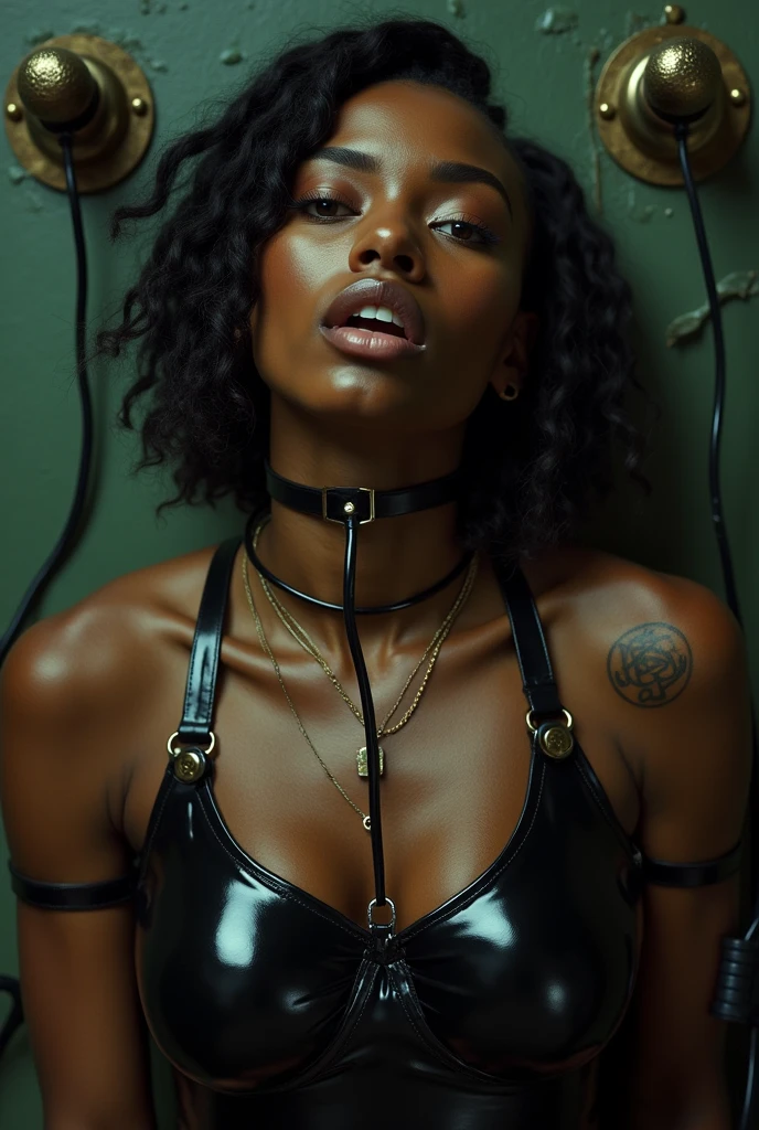 woman in electric chair, bound to electric chair, restrained, electrodes on body, wires, woman being electrocuted, convulsing, execution, black woman, young, naked, short african braids, septum piercing, covered in tatoos, dimples, thick belt around neck, naughty expression, black shiny latex bodysuit, close-up, UHD, retina, masterpiece, accurate, anatomically correct, textured skin, super detail, high details, high quality, award winning, best quality, highres
