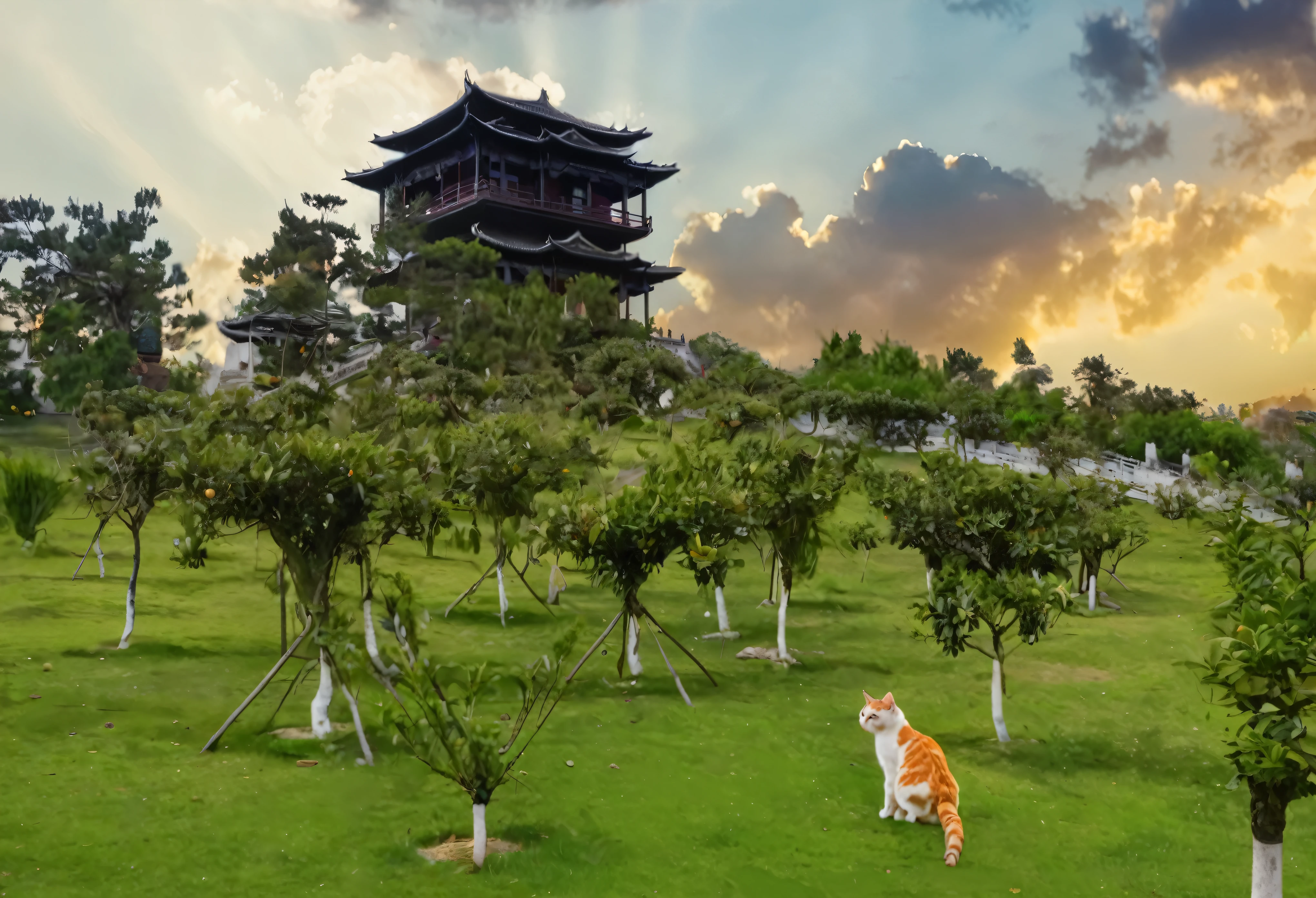 There is a big-eyed cat standing on the grass near the building, Ancient Chinese Tower, There is a beautiful cat standing on the grass near the building, Ancient Chinese Tower, Palace on the Hill, old Chinese building, Chinese Palace, Chinese Architecture, There is a beautiful ancient garden behind，There are loquat trees in the garden，Loquat trees，Sunset sky，Tyndall effect，Excellent image quality，Sunset sky，Tyndall Light，Sunset sky，Tyndall effect，Sunset sky，Tyndall effect，There are loquat trees in the garden，Loquat trees，RAW