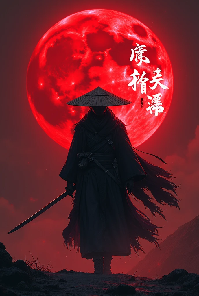 Uper moon 1 kokoshibo with red moon in his background showing his sword and write something cool in Chinese on moon and wearing a straw hat and write something cool in Chinese on the moon with white colour