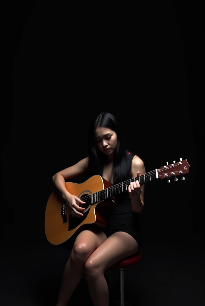 uma mulher sentada tocando guitar, body skinny, long black hair, short shorts, black backdrop, intense discouragement, (best qualityer,4K,8k,high resolution, work of art:1.2), ultra detaild, (realisitic,photorealisitic,photo-realisitic:1.37),dramatic lighting ,cinematic, temperamental atmosphere, sad expression ,melancholy, woman alone, guitar ,full body shot shot ,dramatic shadows, dark colours, intense emotion