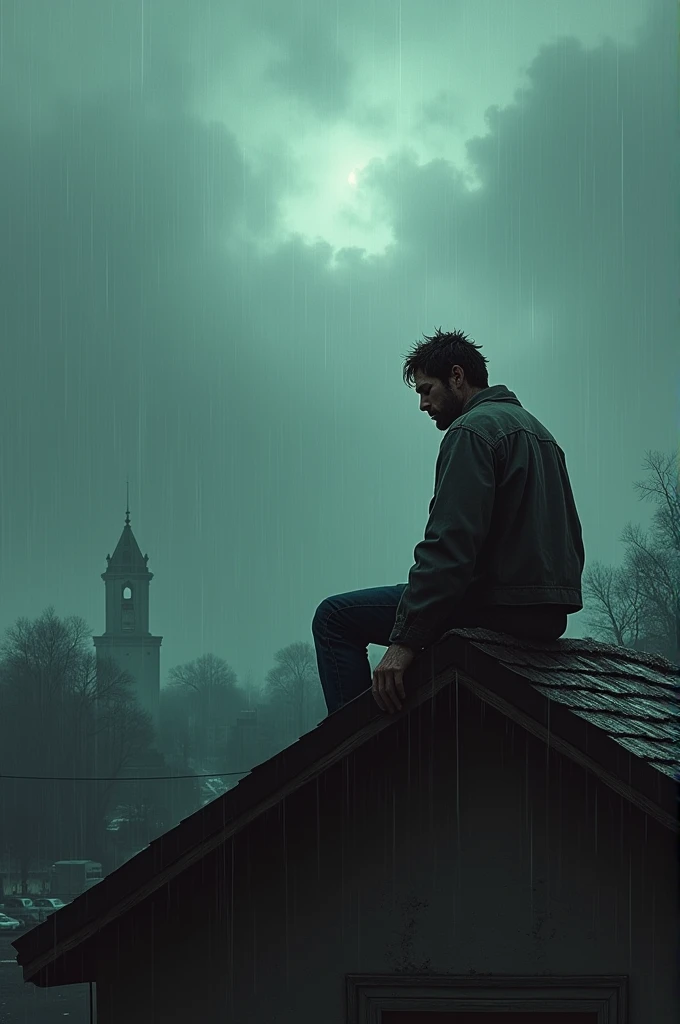 Man sitting on the roof of a house in a zombie apocalypse with rainy weather