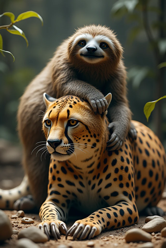 An ultra realistic sloth on top of an ultra realistic cheetah