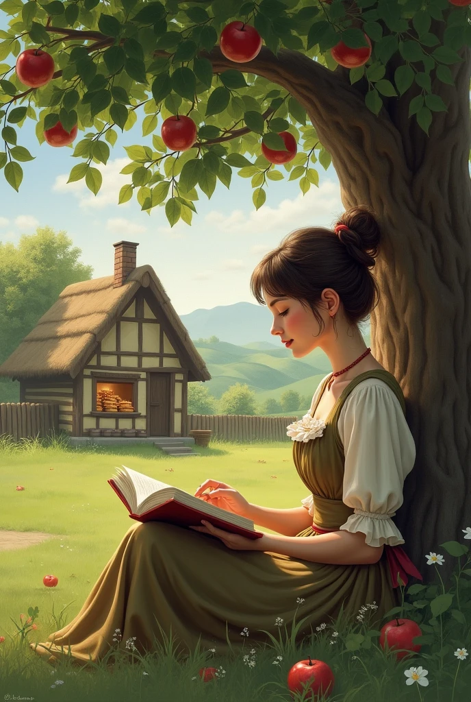 A beautiful peasant woman waits for the pies to cool in the window of her house while reading a book sitting under an apple tree