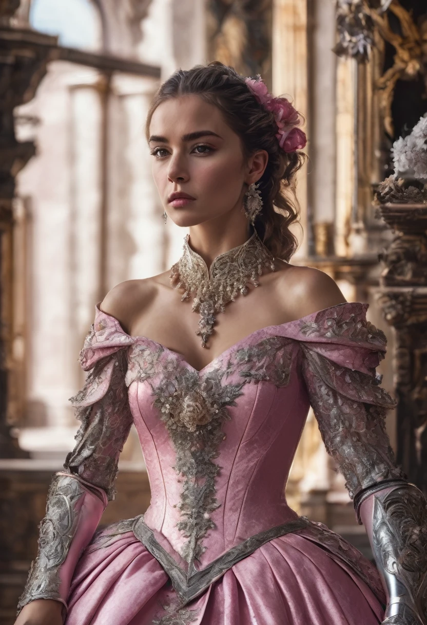 woman, serious, warrior, armor, elegant, pink dress, aristocratic, silver elements, long nails, bare shoulders, hairstyle, hair up, hair and tail, sloppy, arrogant, absurd, detailed dress, royalty, holiday, The hall is decorated with flowers, cowboy shot, portrait, (Best quality), (masterpiece), (very detailed), (4K)