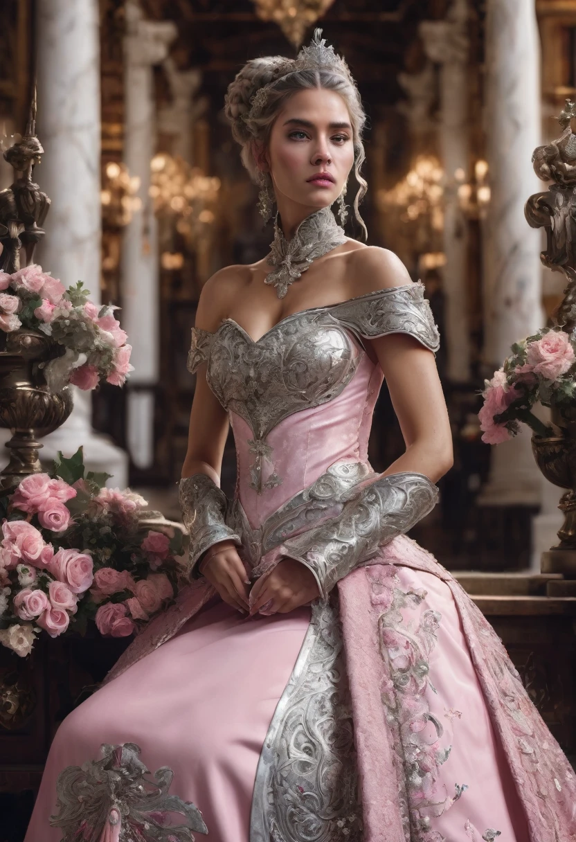 woman, serious, warrior, armor, elegant, pink dress, aristocratic, silver elements, long nails, bare shoulders, hairstyle, hair up, hair and tail, sloppy, arrogant, absurd, detailed dress, royalty, holiday, The hall is decorated with flowers, cowboy shot, portrait, (Best quality), (masterpiece), (very detailed), (4K)