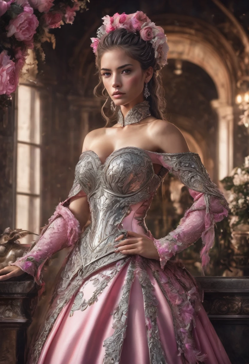 woman, serious, warrior, armor, elegant, pink dress, aristocratic, silver elements, long nails, bare shoulders, hairstyle, hair up, hair and tail, sloppy, arrogant, absurd, detailed dress, royalty, holiday, The hall is decorated with flowers, cowboy shot, portrait, (Best quality), (masterpiece), (very detailed), (4K)