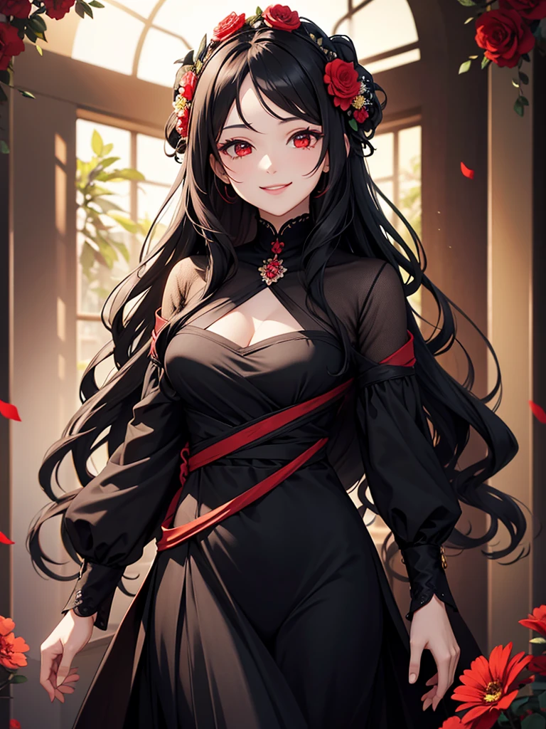woman, red eyes, black  long wavy hair, wearing flowers on her head. she smile. she is  women