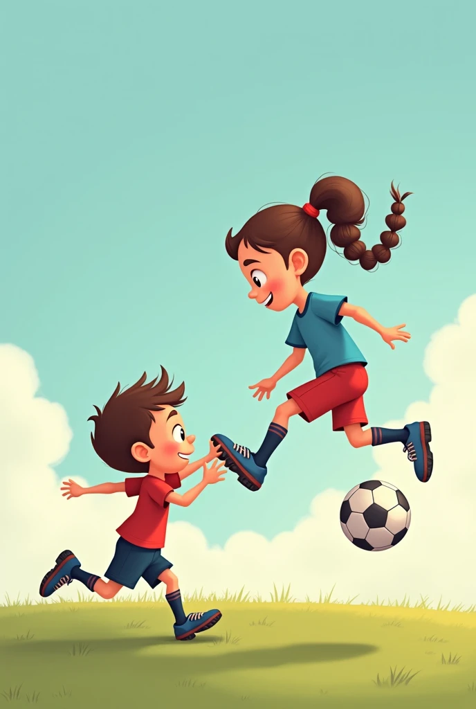 A girl with braids, Cartoon, giving a boy a free kick on the head