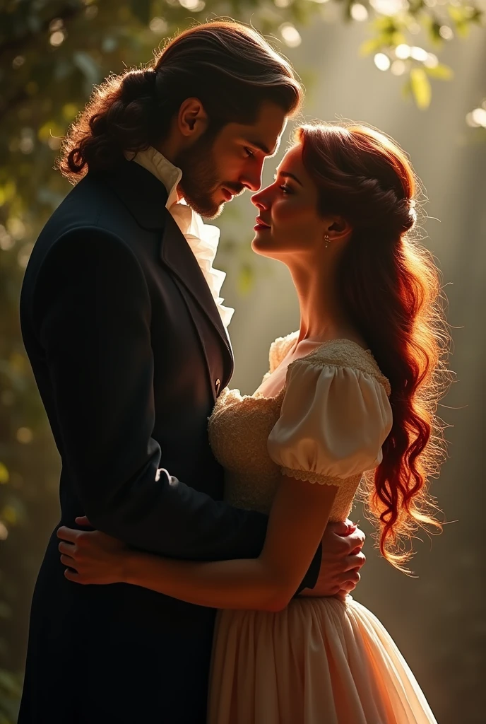 period romance inspired by beauty and the beast (19th-century)
in the spotlight: dark hair man, 
woman with long loose dark red hair, smaller than man, elegant vintage dress.

ao fundo uma floresta, fild, in neutral and warm tones 