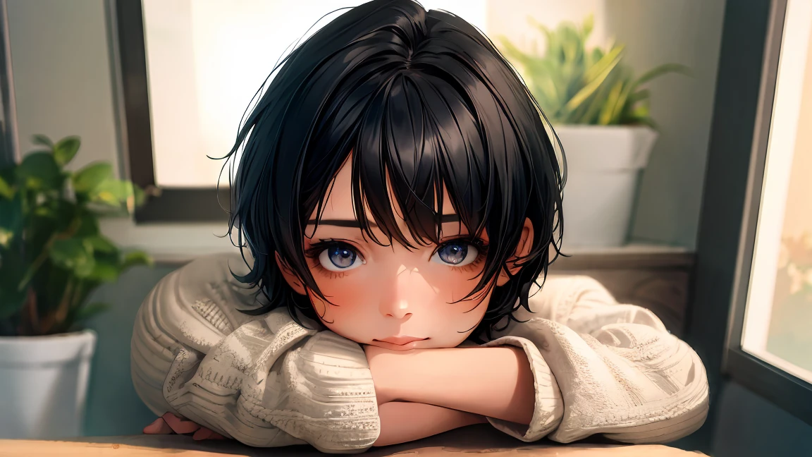 (masterpiece:1.3), (8k, Realistic, RAW Photos, Highest quality: 1.4), (1 girl), Beautiful Face, (Realistic face), (Black Hair, short hair:1.3), Beautiful hairstyle, Realistic eyes, Fine and beautiful eyes, (Realistic skin), Beautiful Skin, (sweater), Confused, charm, Ultra-high resolution, Surreal, Very detailed, Golden Ratio