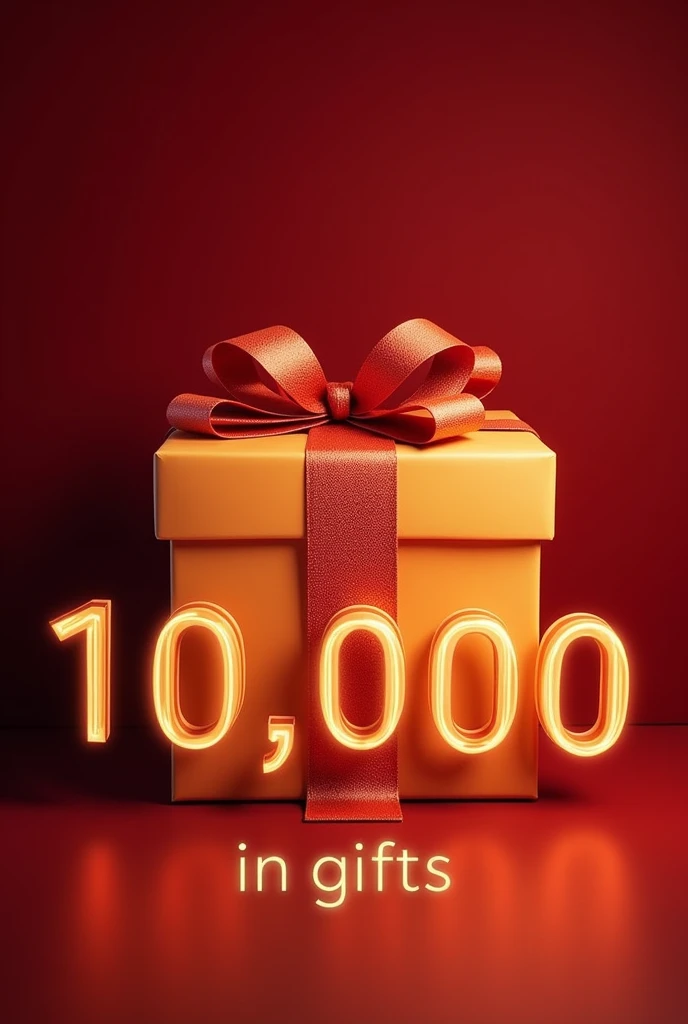 Create for me an image with a dark red background and white letters with the following theme '10.000 in gifts' also place a picture of a gift in orange and light red colors behind the letters