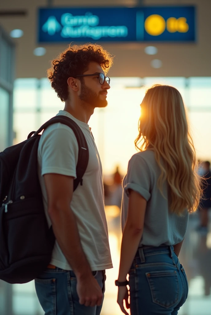 Create a vivid, detailed drawing of a scene depicting a 28-year-old man with curly hair., wearing glasses, with about 1,80 m tall and 78 kg, waiting to board a flight from Sinop Mt airport to Santarém. He should be dressed in casual clothes and carrying a backpack.. He must be eagerly awaiting the reunion with his beloved., uma mulher de 20 anos, blonde (without bangs), wearing glasses e aparentando 1,60 m high. Include details such as the protagonist's facial expression, body language and any personal items he may be holding. The airport scene must be accurately represented, including the sounds, the smells and sights of the boarding gate area. The scene should be visually represented as a photograph, capturing the protagonist's emotional state as he anxiously waits to board the flight."