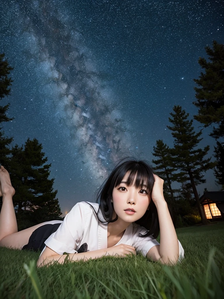 NSFW,(masterpiece,best quality,ultra detailed,realistic,photo-realistic,high-resolution:1.2),(thorough realism,4 K:1.2),1 girl,(extreme cute Japanese_idol face:1.2),lying on the ground with open legs,,(complete nude),(KAWAII,baby_face:1.2),(blush face,kind smile:1.1),(black tie_up hair,bangs,blow in the wind),(detailed eyes and face:1.2),(perfect proportion,excellent anatomy based on accurate skeletal_structure),detailed bottoms,pubic hair,(sweat skin that reflects moon light),Seductive glossy legs and feet,true life BREAK Japanese Primitive Age,primitive era,darkness cave,night Outdoor,moonlight,Mystical Night,Starry Sky,milky way,shooting star,Big Dipper,nature,(from below,dynamic angle:1.1),Professional Manufacturing,12 K resolution,Highly detailed,Ultra High Quality,hyper photo realism,chromatic aberration,rendering by octane,(true human's skin texture),