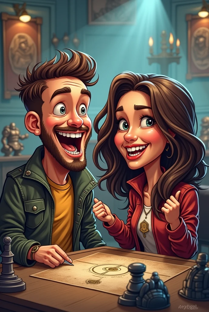 Warhammer tournament table, boyfriend winning the tournament, beautiful brown girlfriend supporting, sing I'm you fan #1, caricature