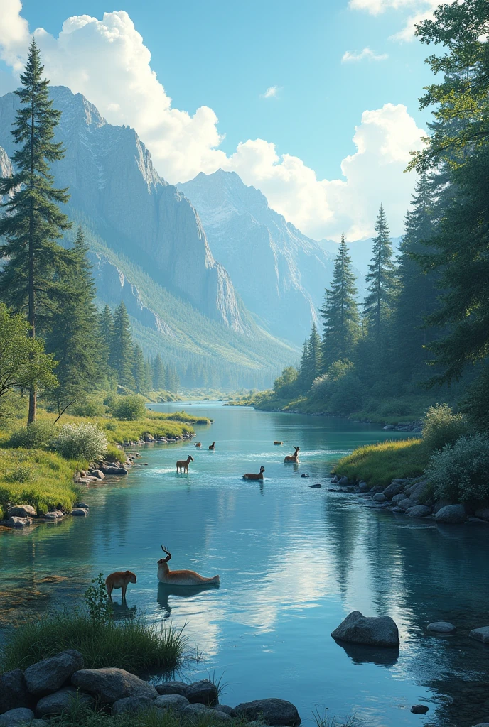 create a river view with various kinds of animals playing and behind the river there is a mountain view